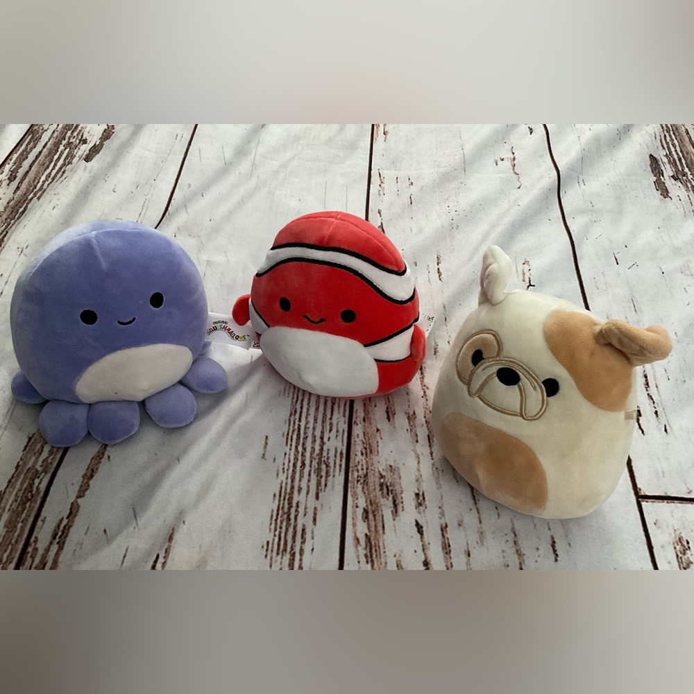 THREE 6” SQUISHMALLOWS OCTOPUS, FISH AND DOG PLUSHIES